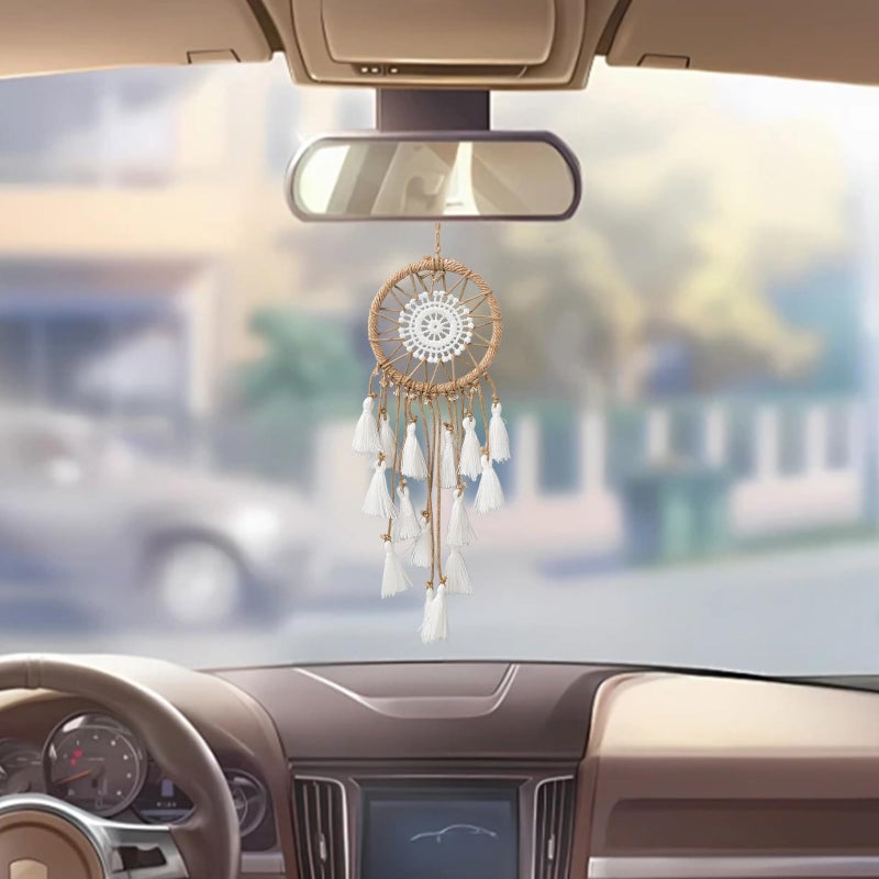 Artilady Small Dream Catcher for Cars - Bohemian Mini Dream Catchers for Cars Rear View Mirror Hanging Decoration (White) - Image 2